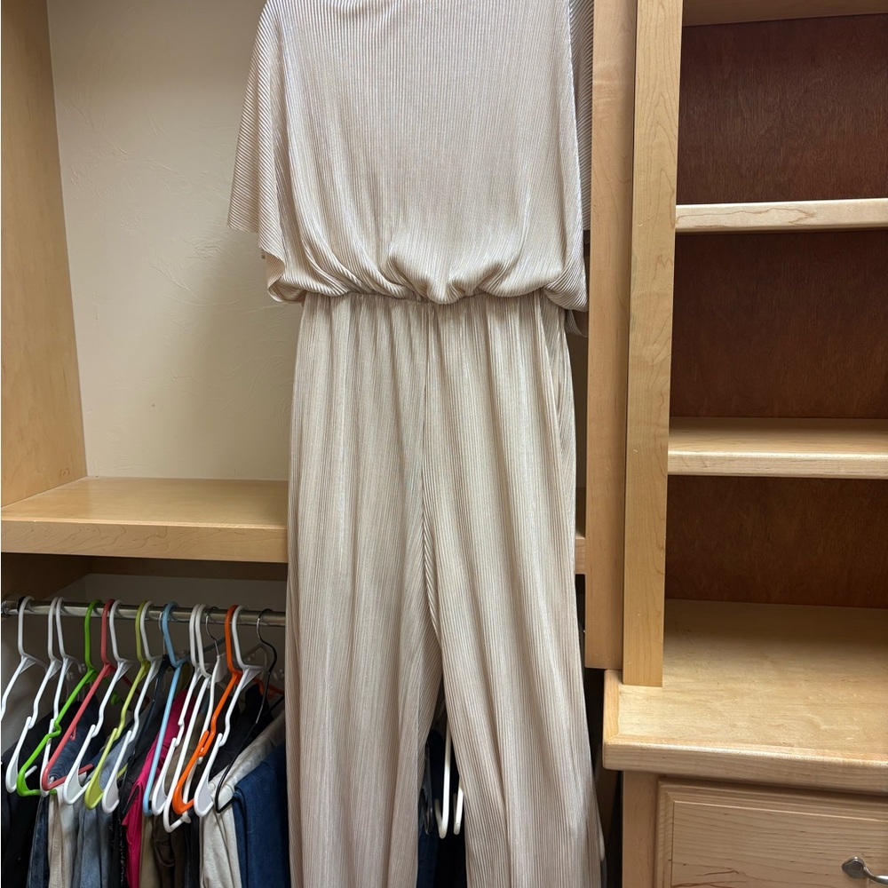 Cream Pleated Short-Sleeve Wide-Leg Jumpsuit